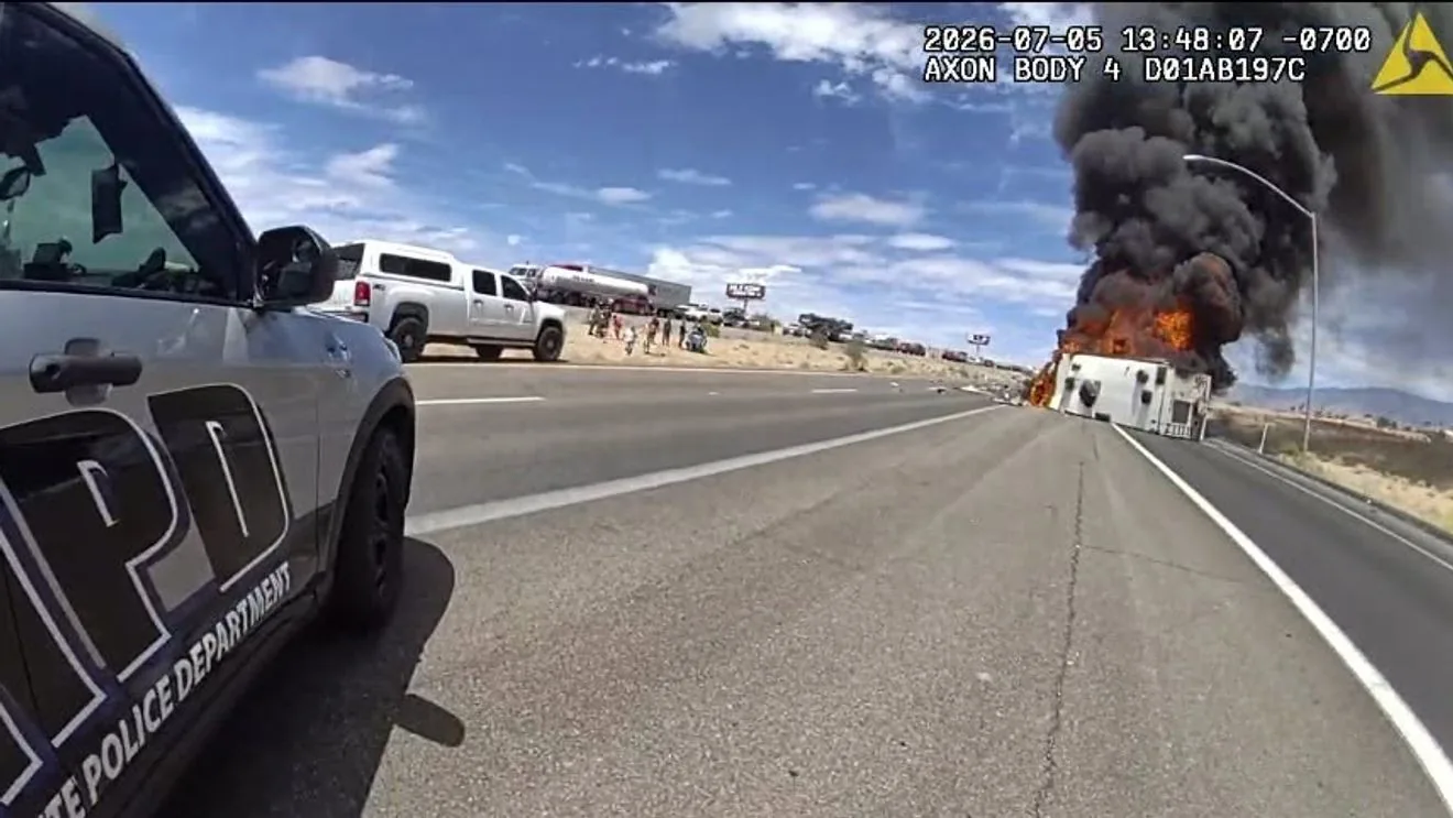 One Killed in Fiery Four-Car Crash Involving RV Near Mesquite on Interstate 15 as Bystanders Pull Victims From Burning Wreckage